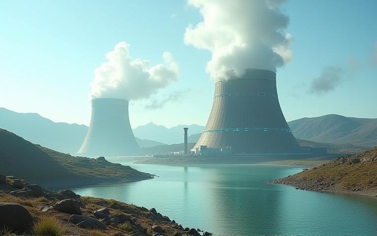 Futuristic geothermal power plant with steam and advanced technology elements