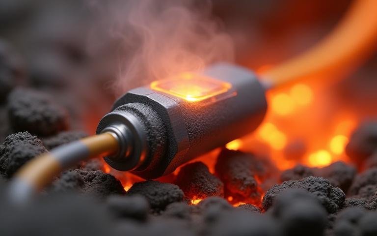 Close-up of a high-temperature sensor prototype with geothermal imagery in the background